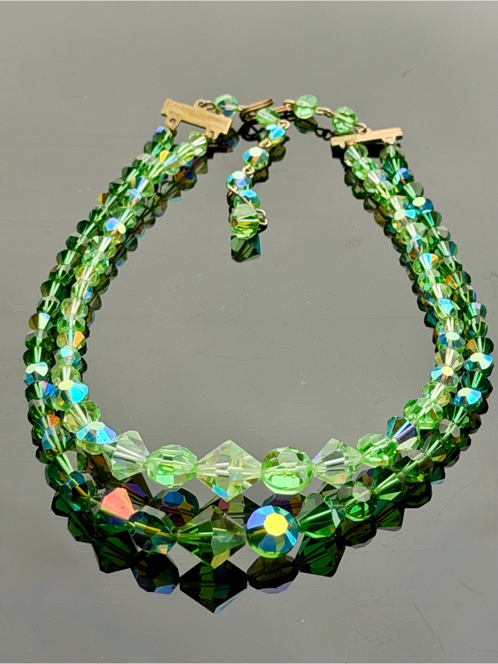 Vtg 1950s Double Strand Green Aurora Borealis Crystal Choker Necklace